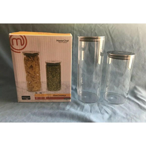 Set of 2 Clear Glass Master Chef Canisters Sealing Stainless Lids 6.5” & 8.5” - Picture 8 of 9